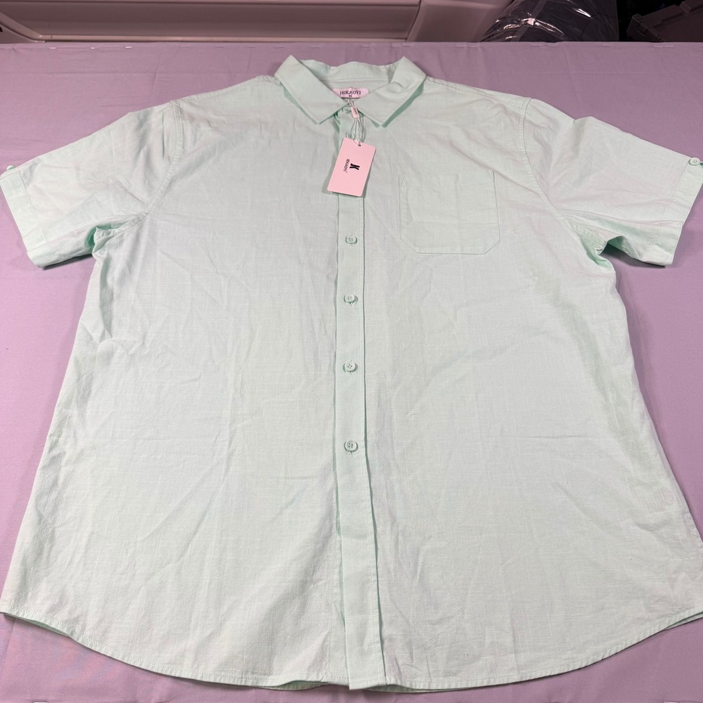 Jekaoyi Mens XL Mint Green Cotton Linen Short Sleeve Button Down Shirt NWT